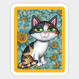 Cute Calico Kitty Cat with yellow and green flowers Sticker